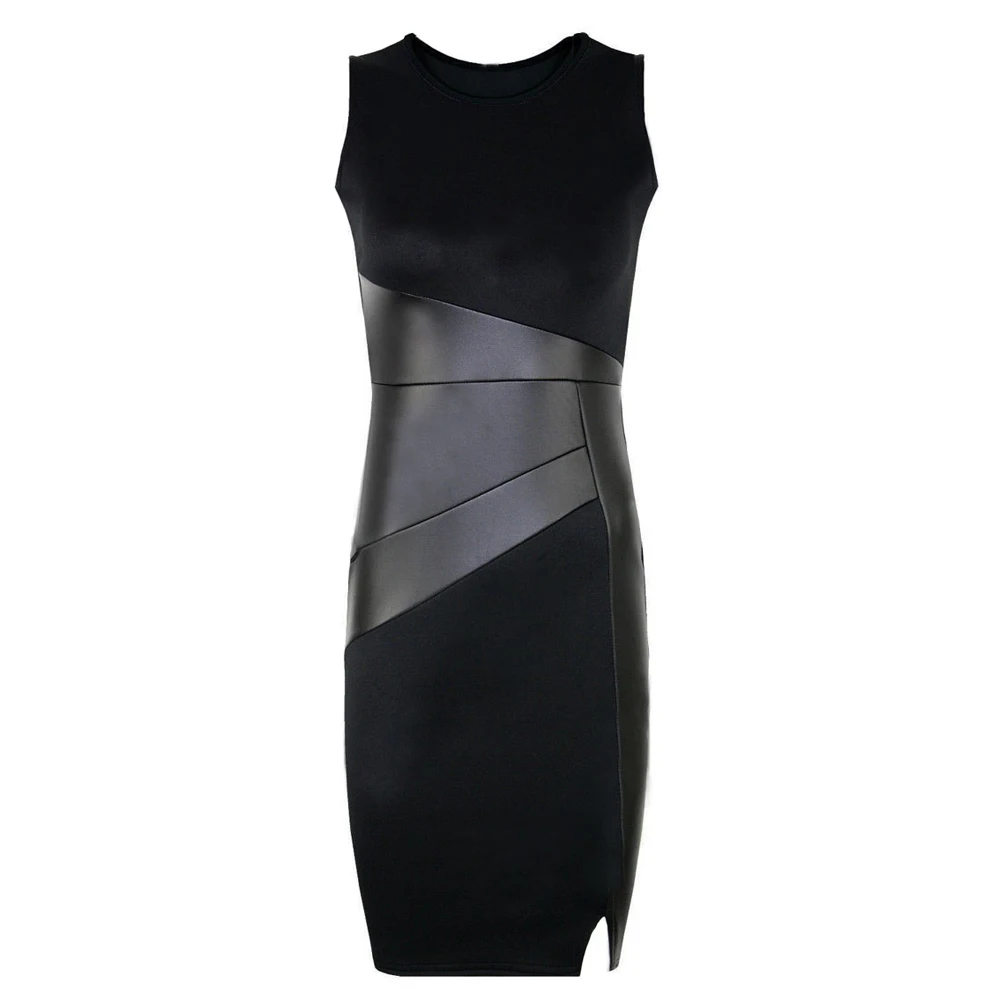 

New Celebrity Women Dress PU Leather Splice Round Neck Sleeveless Elegant Slim Party Dress Work Black Plus Size Women OL Dress