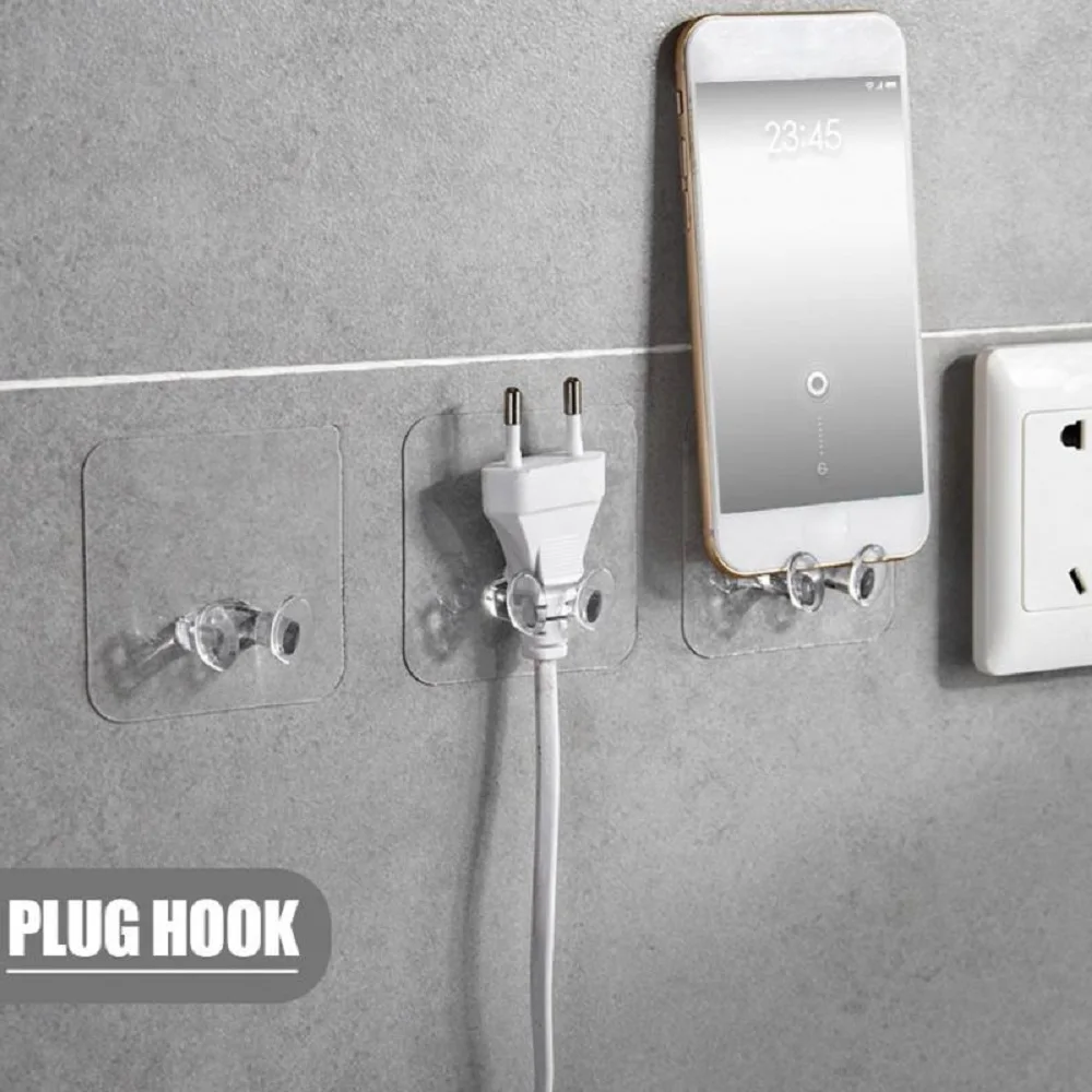 

1/2/5Pcs Wall Powerful Adhesive Plastic Power Plug Socket Holder Hanger Transparent Minimalist Office Home Wall Storage Hook