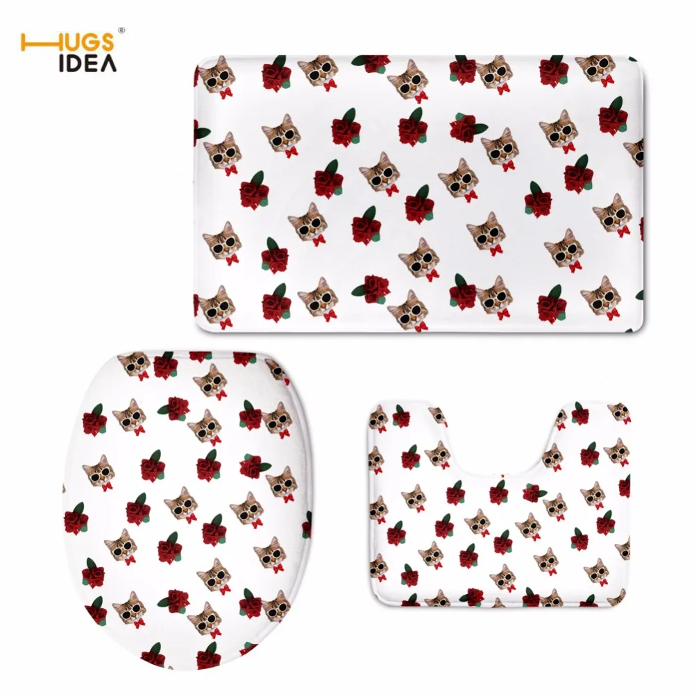 HUGSIDEA Animal Cat Puzzle Printing Toilet Seat Cover 3 Pieces Flannel
