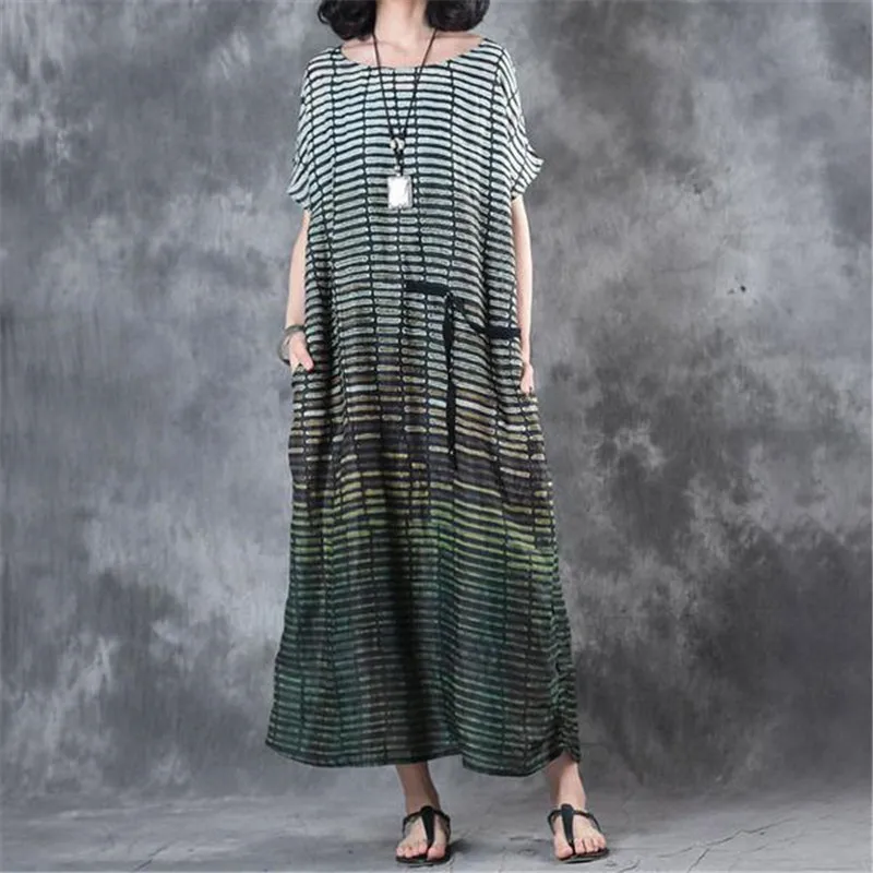BUYKUD 2018 Summer Women Stripe Loose Casual Green Long Dress Round Neck Short Sleeve Vintage Maxi Dresses With Pockets Dresses