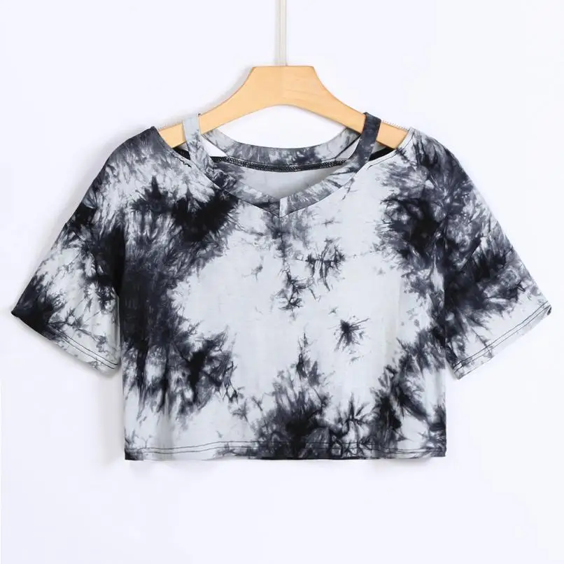 

JAYCOSIN Summer Fashion Sexy Dye Print T-shirt Crop Top Short Sleeve V-Neck T Shirt Women Teenagers T-shirts Tops Tank D30 Jun8