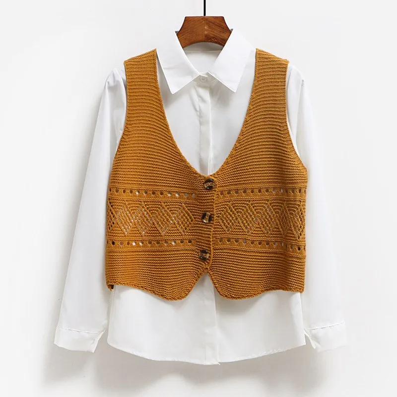 Asymmetric Floral Crochet Knitted Vest V-Neck Autumn Women Retro Sleeveless Cardigan Ladies Hollow Out Knit Waistcoat