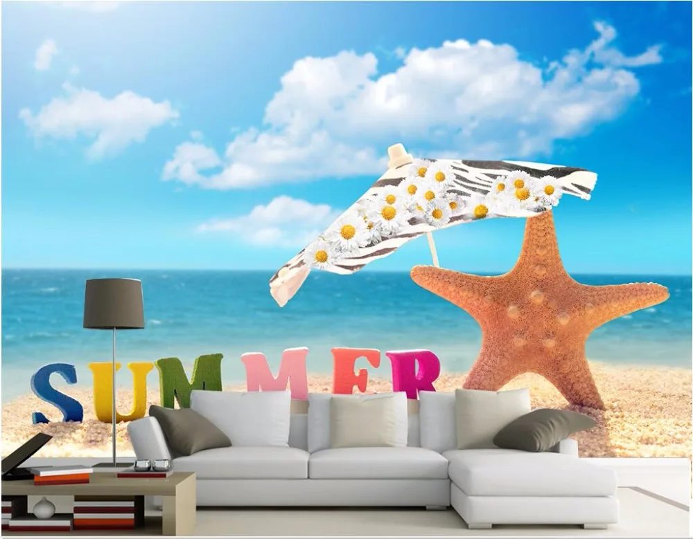 

3d wallpaper custom photo Beach starfish blue sky Mediterranean painting 3d wall room murals wallpaper for walls 3 d
