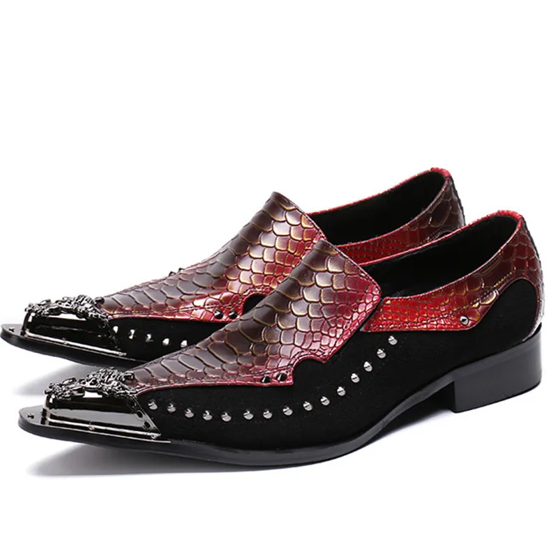 

Red black squama genuine leather wedding men shoes snake pattern metal toe bead male banquet Shoes