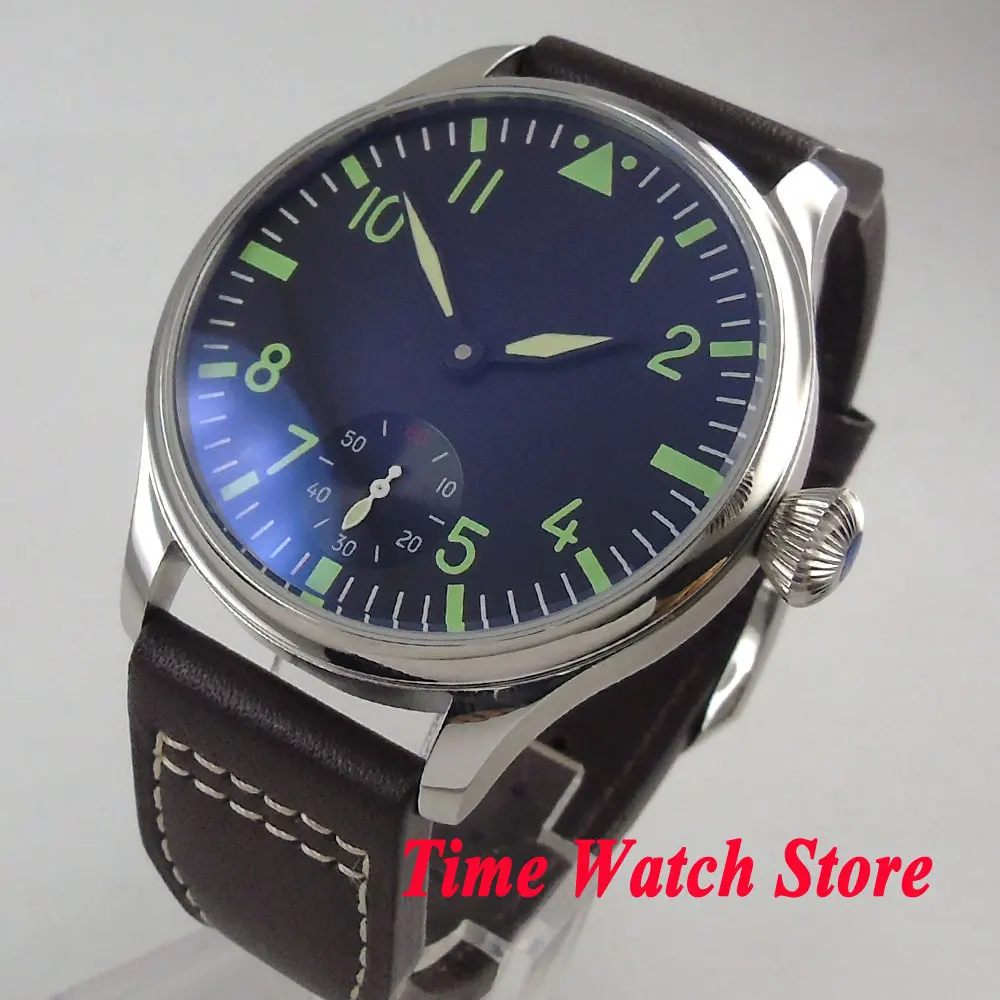 44mm Parnis men's watch black sterile dial green marks 6498 mechanical hand winding movement wrist watch men 1028 44mm Parnis men's watch black sterile dial green marks 6498 mechanical hand winding movement wrist watch men 1028