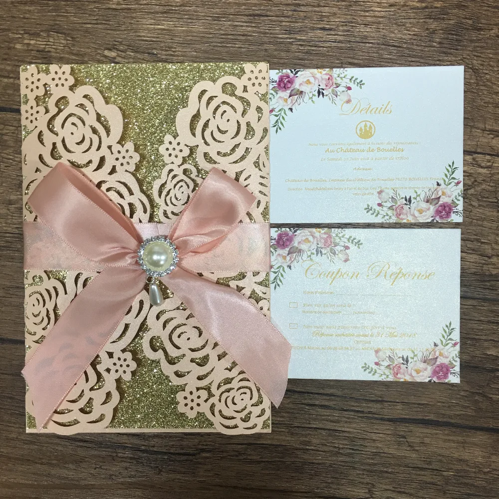 

Hot sell laser cut invitation card with glitter gold decoration inner card popular handmade wedding card model