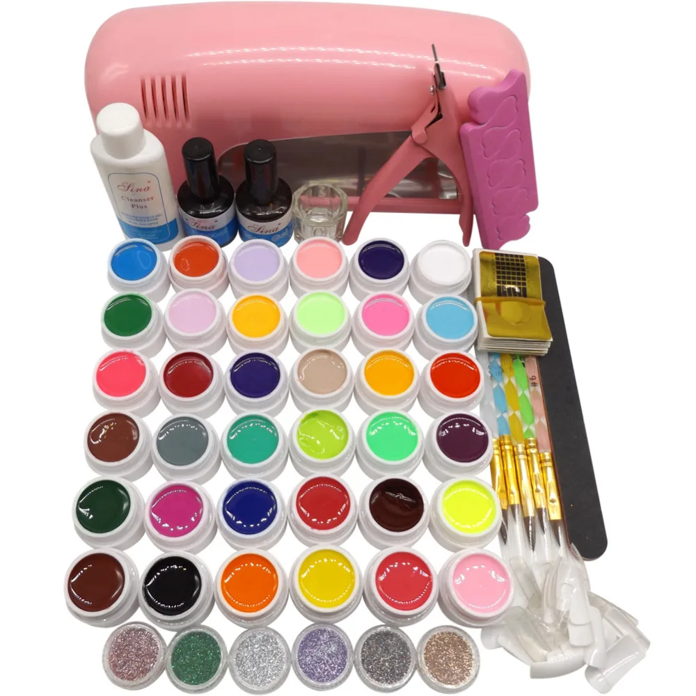 

Professional White 9W Lamp 36 color UV Solid Gel Sanding File Cutter Brush Cleanser Plus Nail Art Kit