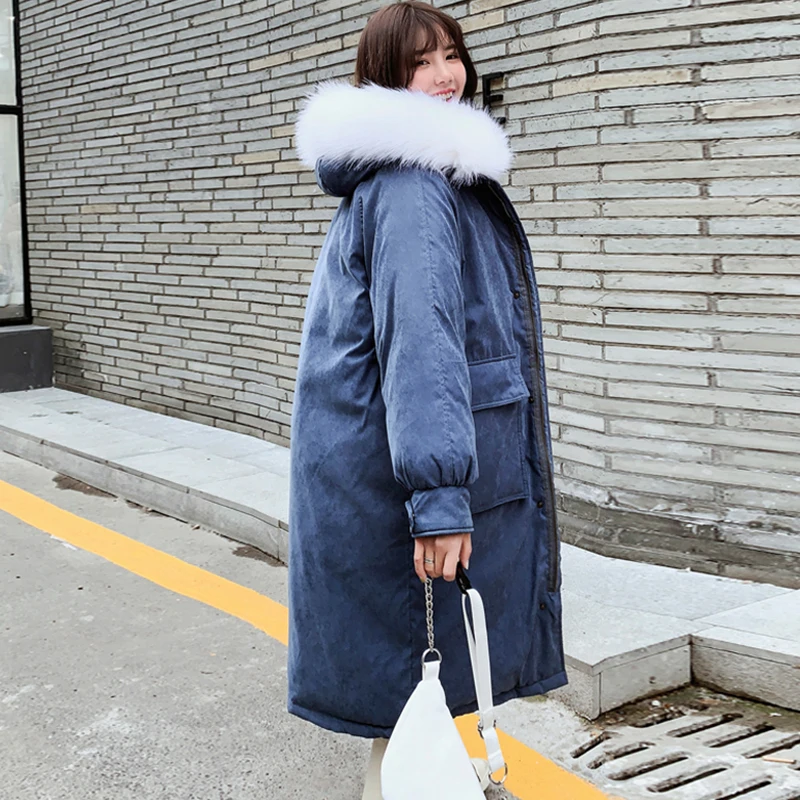 Корейский стиль, женская зимняя куртка с меховым воротником, с капюшоном, длинное женское пальто высокого качества, Теплая стеганая верхняя одежда, Зимняя парка