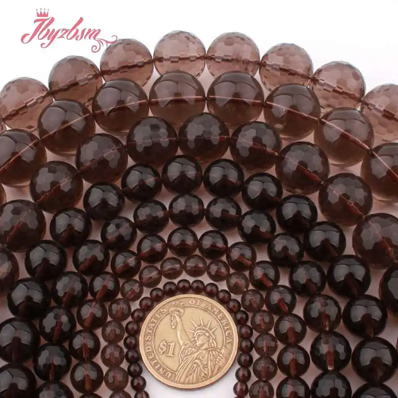 

Round Smooth Faceted Smoky Quart z Crystal Beads Natural Stone Beads For DIY Necklace Bracelats Jewelry Making 15" Free Shipping