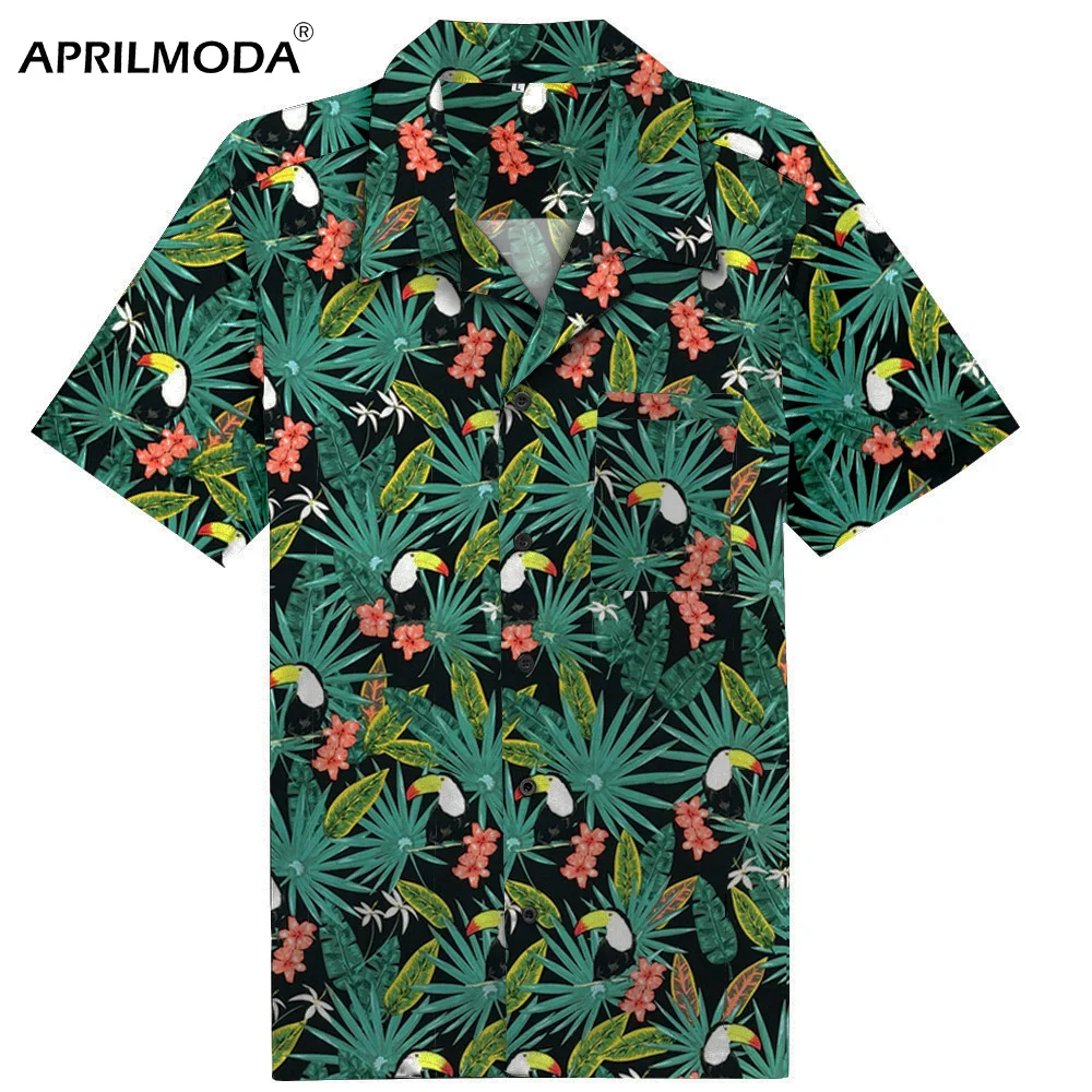 

2019 Short Sleeve Hawaiian Shirt Slim Fit Summer New Arrival Mens Shirts Casual Parrot Printed Beach Tops Retro Vinatge Clothing