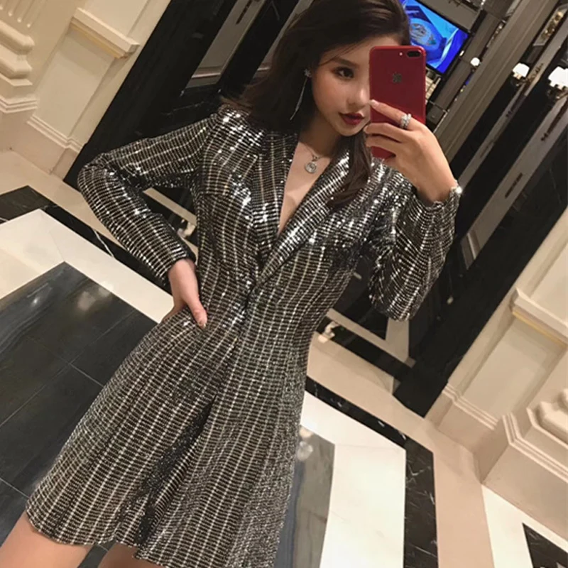 2019 Blaser Limited Jaqueta Feminina Women Suit Jacket Bronzing Long Coat Spring New All-sequins Shiny Self-cultivation Female | Женская