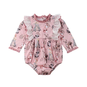 

Newborn Infant Baby Girls Animals Print Bodysuit Lace Patchwork Long Sleeve Jumpsuit Floral Clothes Outfits