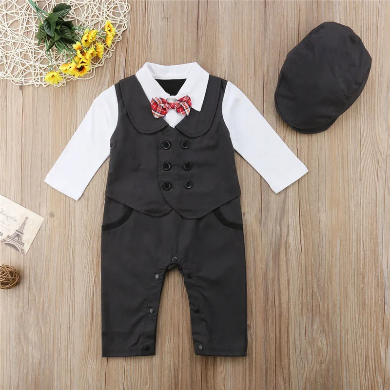 Осенняя джентльменская Одежда для мальчиков, лидер продаж, комбинезон с длинными рукавами для новорожденных мальчиков+ шапочка, костюмы для фотосессий, комбинезон для маленьких мальчиков