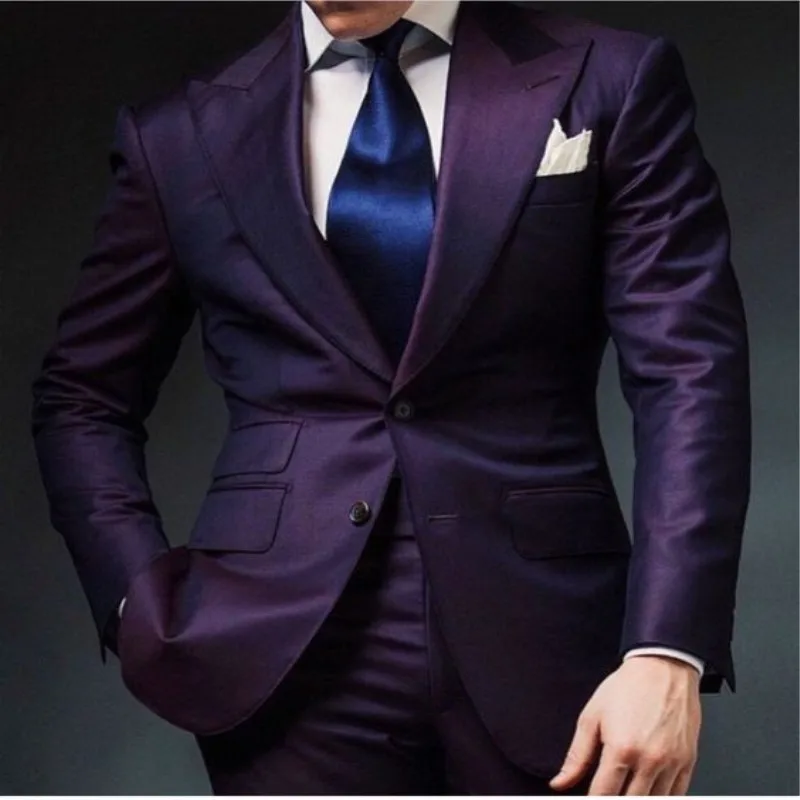 

Purple Mens Wedding Prom Suits 2 Pieces Groom Tuxedos Two Buttons Dinner Blazer Best Man Groomsman Costumes
