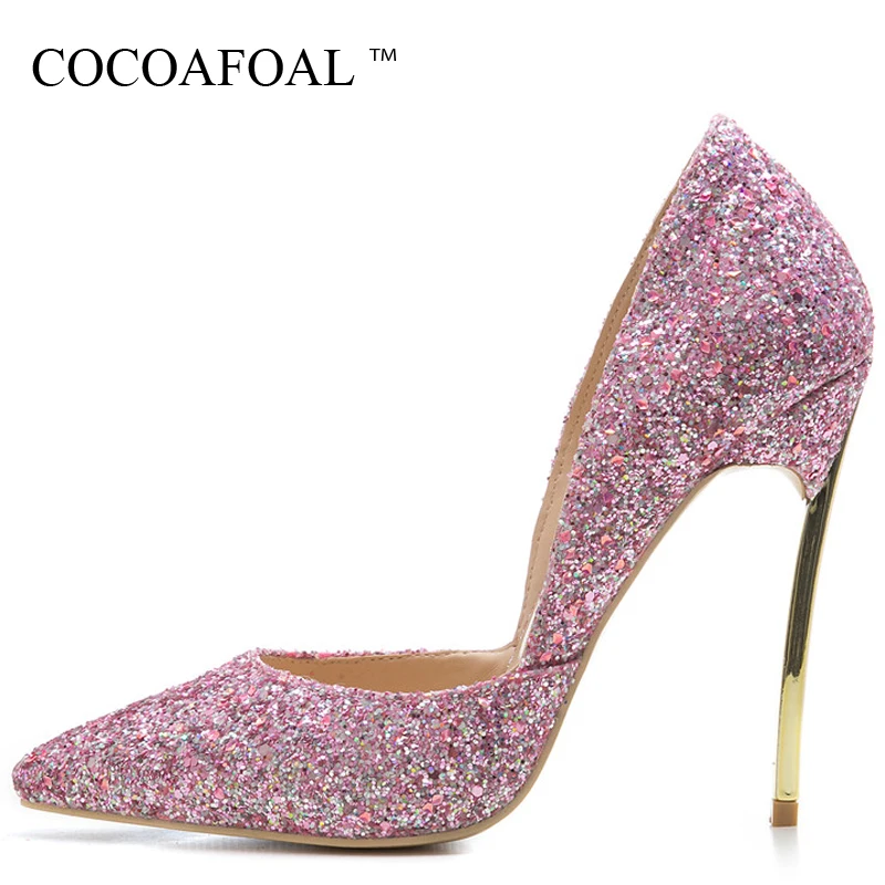 

COCOAFOAL Woman Plus Size 33 43 44 Glitter Shoes Sexy Stiletto Pink Silver Valentine Shoes Bling Blue Pointed Toe Wedding Pumps