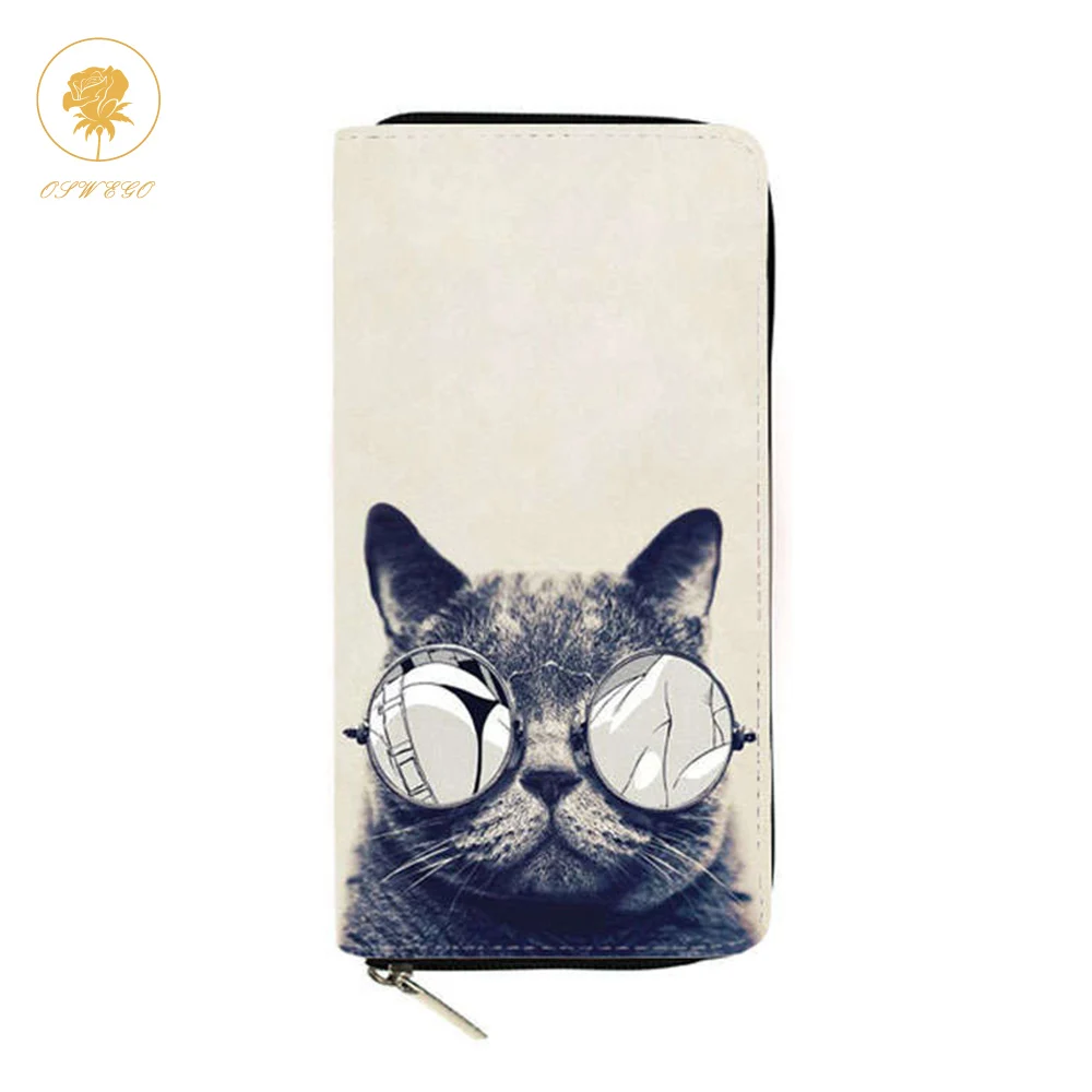 

OSWEGO Women's Wallet Long Cartoon Lovely Cat PU Printing Women Wallets PU Leather Long Zipper Women Bag 2019