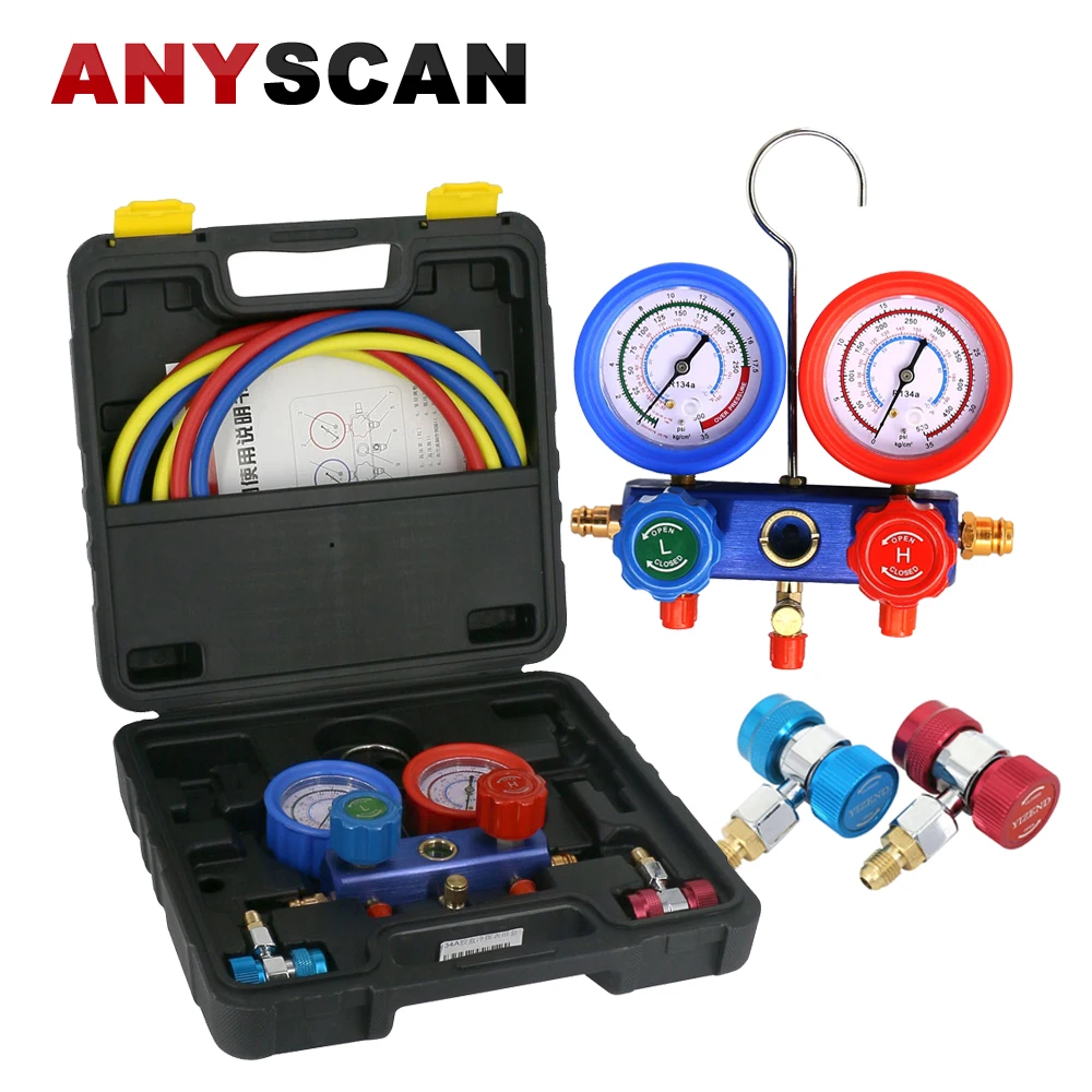 

TLXC Auto AC Car Air Conditioning R134A R404A R22 R410A Refrigerant Pressure Gauge Leaking Tester Manifold Gauge Set