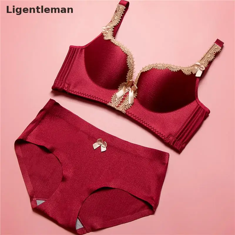 

Luxury Womens Bra Set Wire Free Bow Elegant 3/4 Cup Sexy Female France Palace Underwear Sets Red Seamless Red Blue Black b17