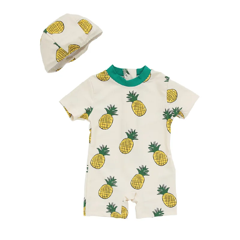 Summer Pineapple Printed Boys Swimsuit Children Sets With Hat For 75-125cm