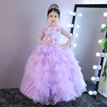 

Spring Autumn Luxury Children Kids Elegant Purple Model Show Cake-layers Feathers Ball Gown Lace Dress Girls Teen Birthday Dress