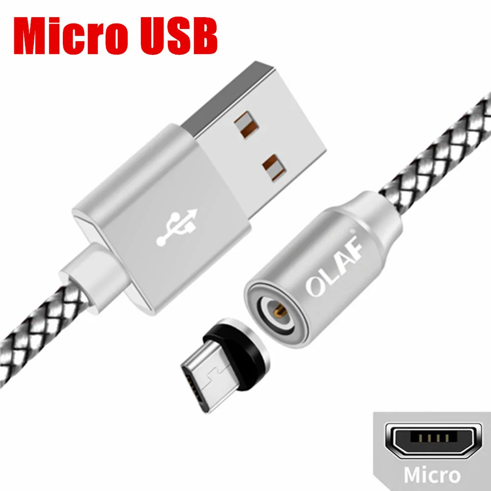 Олаф 2 м 1 м Магнитный кабель в оплетке светодиодный USB C Тип C Micro USB кабель магнитные кабели для зарядки для iPhone samsung Xiaomi телефонный шнур - Цвет: Silver Micro Cable