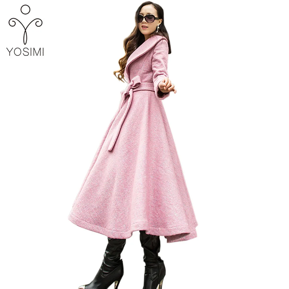 YOSIMI 2017 Autumn Winter Skirt Woolen Coat High Quality Maxi Elegant Wool Long Women Coat Turn-down Collar Brand Clothing pink YOSIMI 2017 Autumn Winter Skirt Woolen Coat High Quality Maxi Elegant Wool Long Women Coat Turn-down Collar Brand Clothing pink