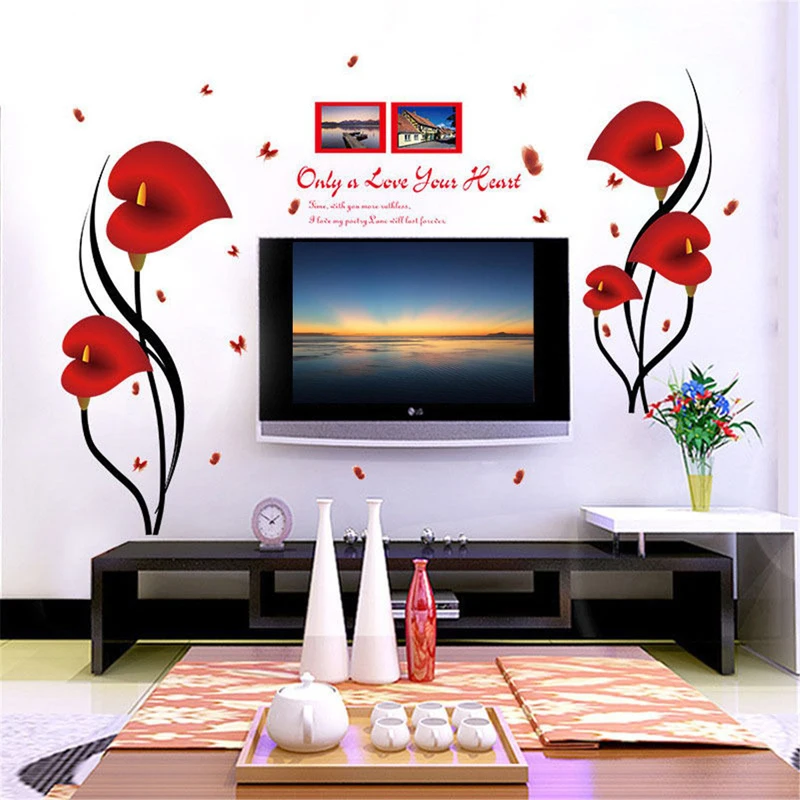 JX-LCLYL Removable Vinyl Red Love Flower Photo Frame Tree Wall Decal Sticker Home Decor