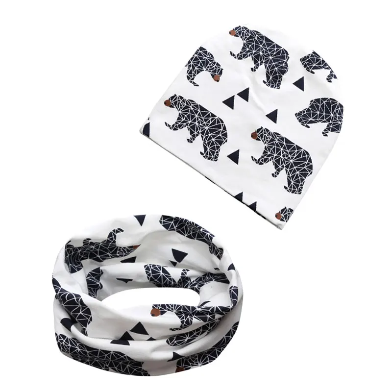 

Cartoon Print Baby Hat+Scarf 2-Piece Set Cotton Knit Baby Boy Hat And Scarves Suit Spring Autumn Newborn Cap+Scarf Sets 0-3Years