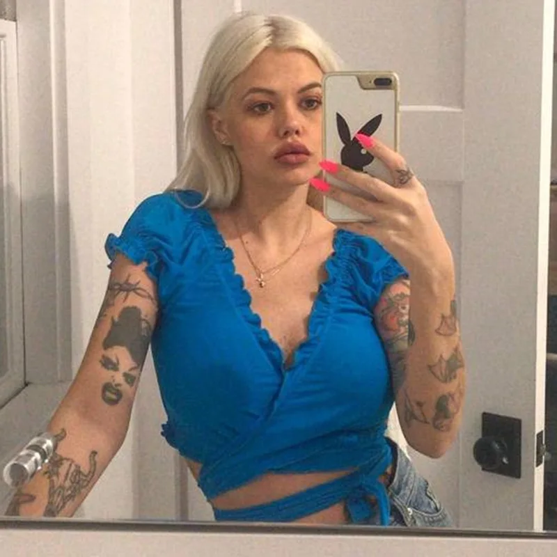 

2019 Sexy Wooden Ear Cross Straps Small V-neck Shirt Short-sleeved Shirt