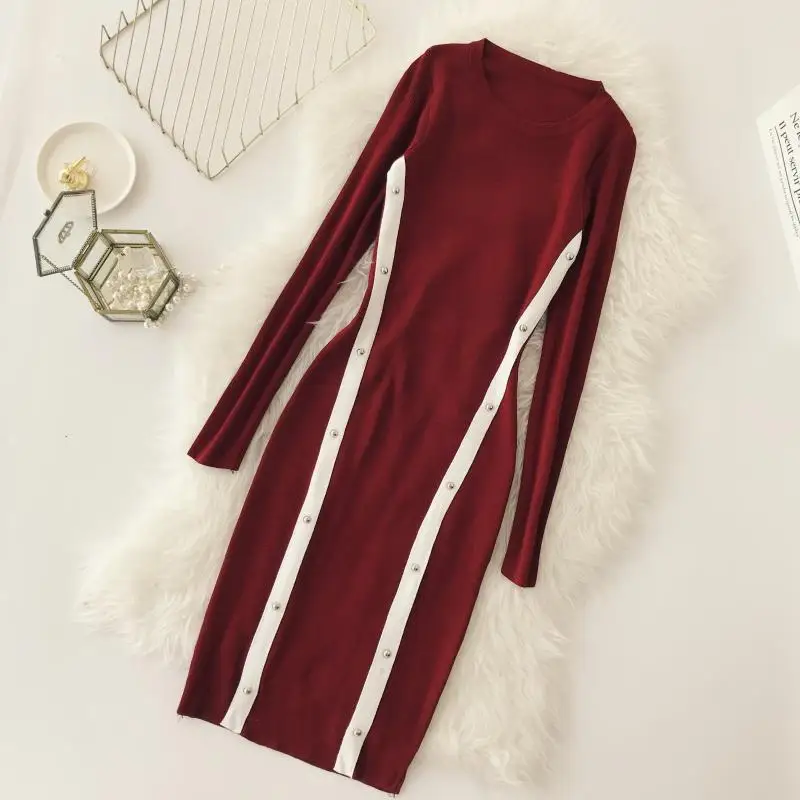 ALPHALMODA OL Graceful Knitting Vestidos Winter 2018 Women New Block Color Rivet Striped Dress Slim Pullovers Knit Vestido