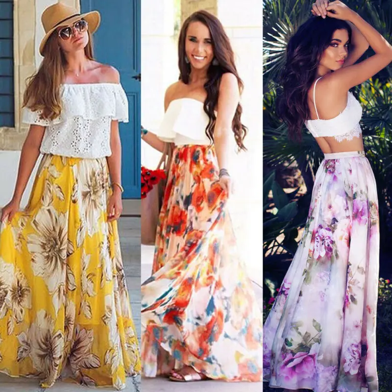 Женская юбка хиппи Печать Высокая талия Макси юбка плиссированные пляжные Длинные повседневные юбки лето