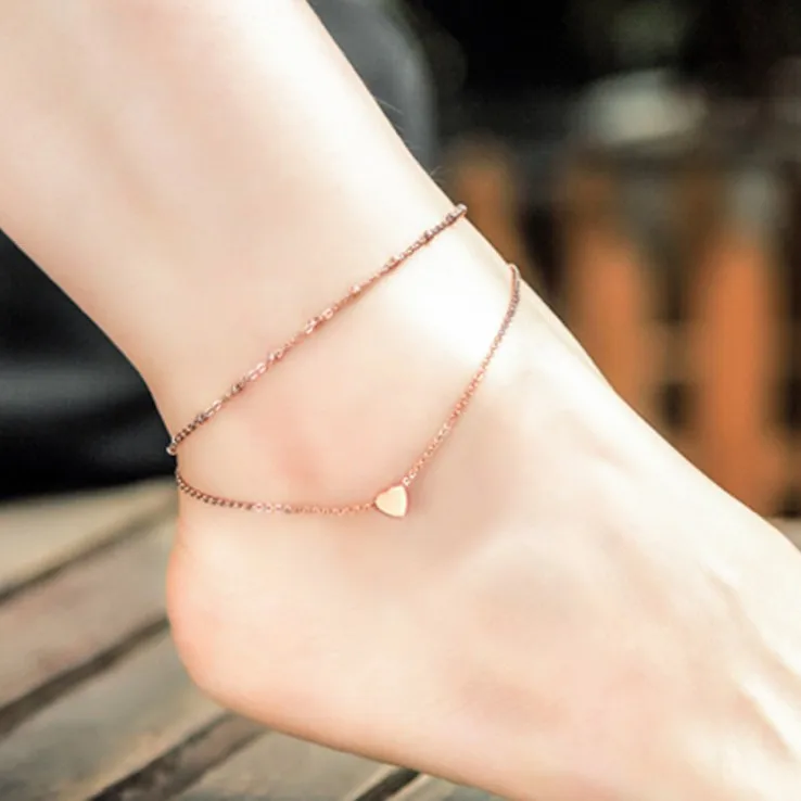 Bracelet Foot Vintage Design Hearts Pendant Rose Gold Plated Anklet Beads Stainless Steel Ankle Bracelet Jewelry
