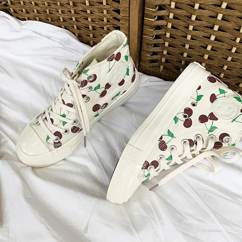 

Women's Flats 22-27cm Korean print cherry canvas shoes Young girls and boys Vulcanized shoes Ugly shoes spring and autumn