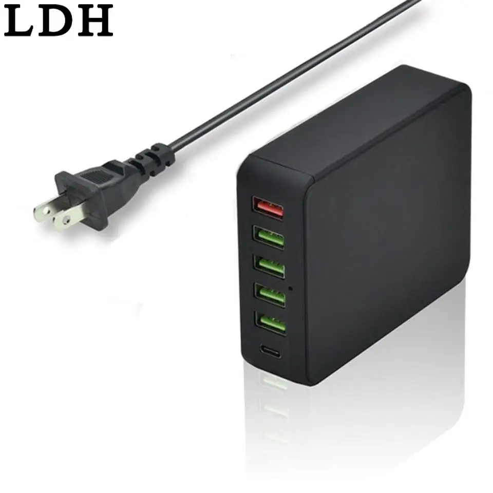 

LDH Quick Charge 3.0 + Type-C 6 Ports QC3.0 USB Desktop Charger Station 5V 6.5V 9V 12V 3A 8A Wall Charger Power Adapter