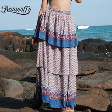 Benuynffy винтажные богемные печати многослойные юбки женские летние выходные Пляж Повседневная Высокая талия Сплит длинный макси юбка