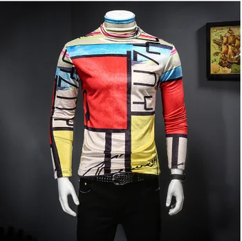 

Luxury Contrast Geometric Print Velvet Thicken Tee Shirt Camiseta Hombre Men Club Party Royal T Shirt Men 2019 Autumn Winter