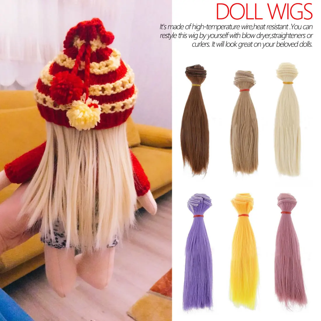 

1pcs girl Doll toy replace hair Straight wig Fiber Wig Hair For Doll Wigs High-temperature Wire wig 15cm doll hair wig