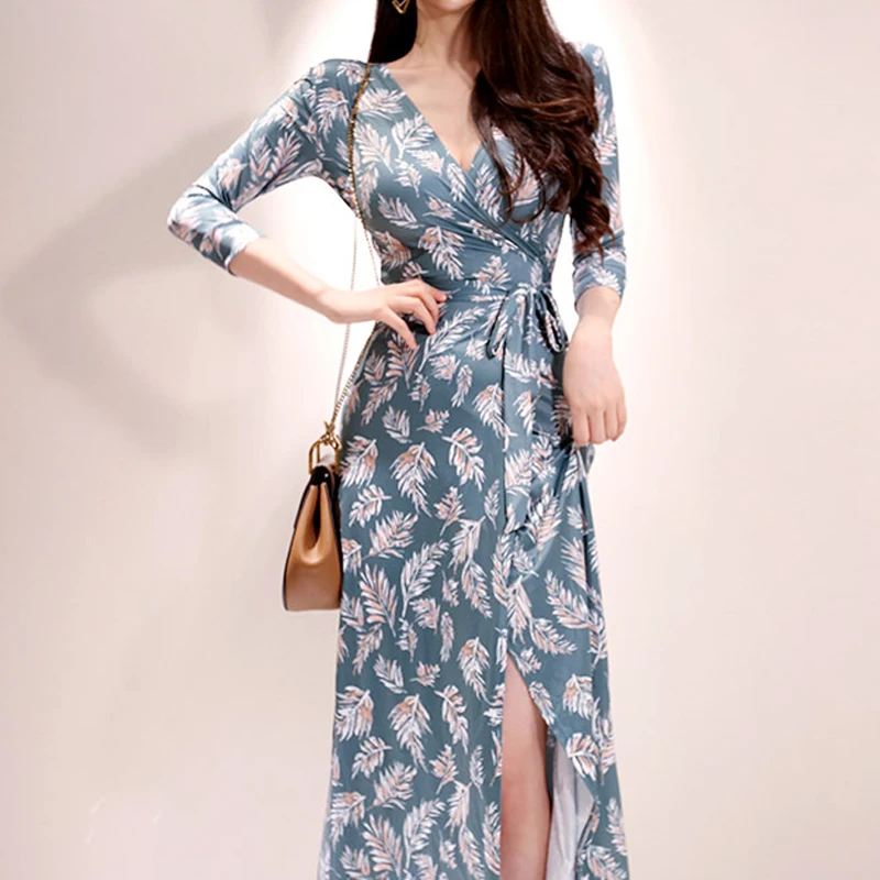 Wrap Dresses Woman Party Night Blue Floral Print Maxi Dress Three Quarter Sleeve Long Dress Casual Party Vacation Dress