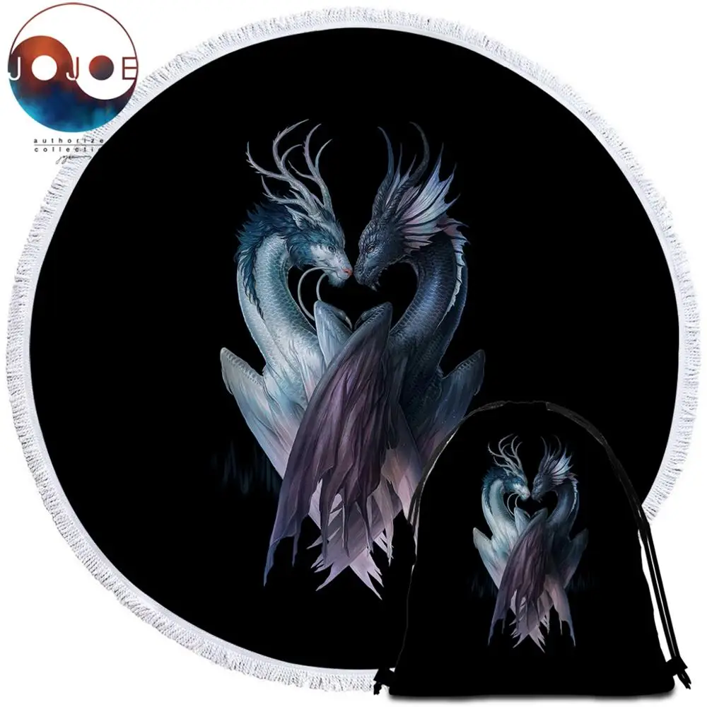 Черное пляжное полотенце Yin and Yang Dragons от JoJoesArt круглое с 3D принтом покрывало из