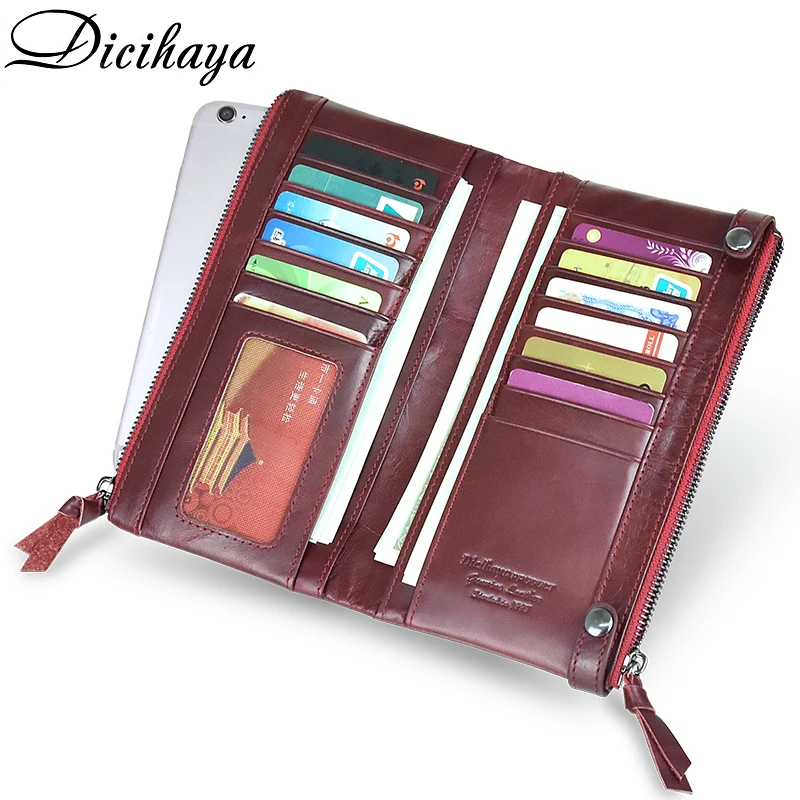 Ceny DICIHAYA luksusowej marki prawdziwej skóry kobiet portfel podwójne zamki skórzane portfele długi sprzęgła kieszonkowy na monety czerwony telefon torba