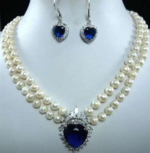 

5 color-2 row white pearl/jade necklace & heart pendant necklace set ^^^18K GP style Fine jewe Noble Natural jade FREE SHIPPING