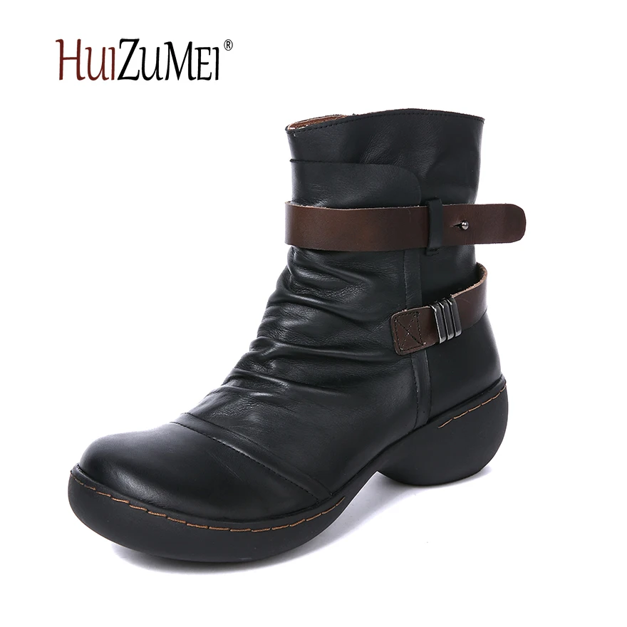 

HUIZUMEI autumn and winter new retro shoes women boots genuine leather boots female round toe