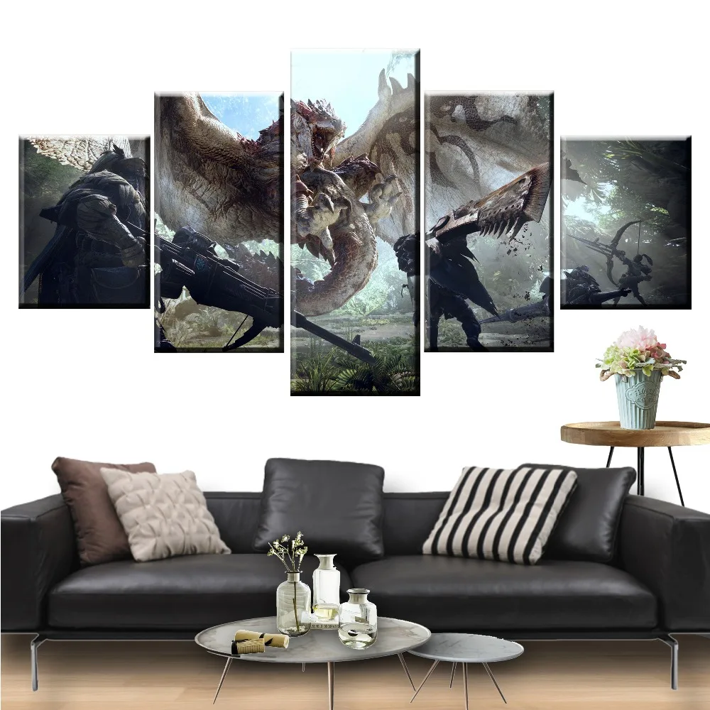 

Wall Art Poster Painting Modular Pictures For Living Room Decorative Pictures Canvas Printed 5 Panel Game Monster Hunter Loong