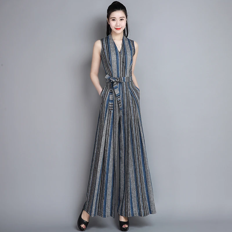 

Striped Jumpsuits for Women 2019 Summer Party High Street Elegant Full Length High Waist Jumpsuit with Pocket Size M L 2XL