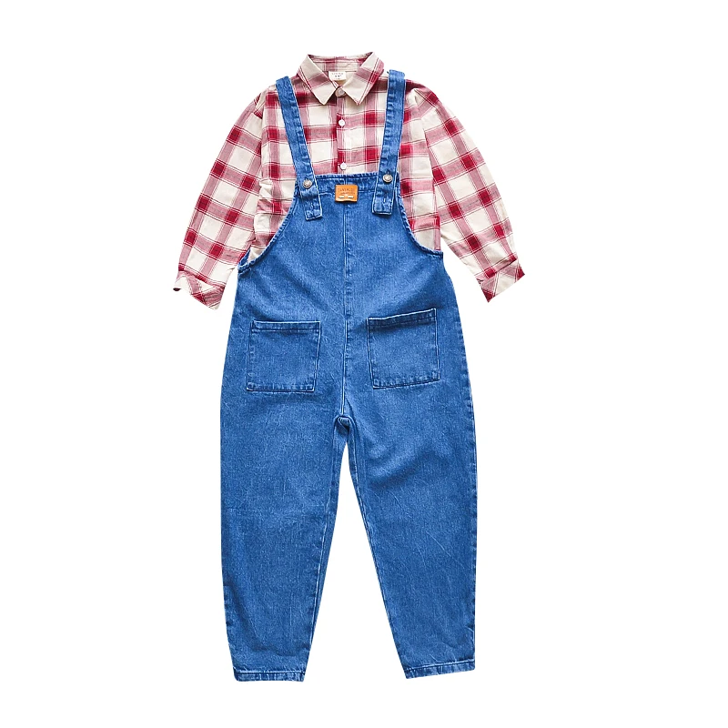 Kids Clothing Sets For Girls Denim Overalls Spring Autumn Plaid Blouses Shirts Children Jeans Pants 4 6 8 10 12 Years | Детская одежда