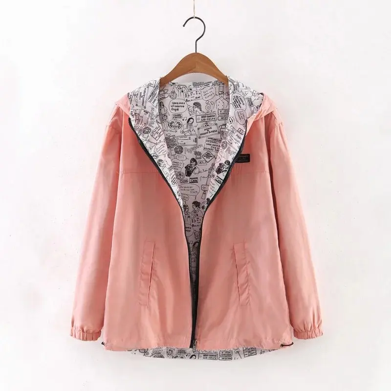 

Autumn And Summer Fashion Elegant Women's Coat Coat Pocket Zipper Hooded Two Sides Wearing Cartoon Print Coat Loose Large Size