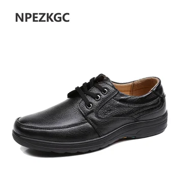 

NPEZKGC Spring Men Shoes Leather Men's Loafers lace up Casual Middle-aged Wear-resistant Soft Bottom Business Shoes Man
