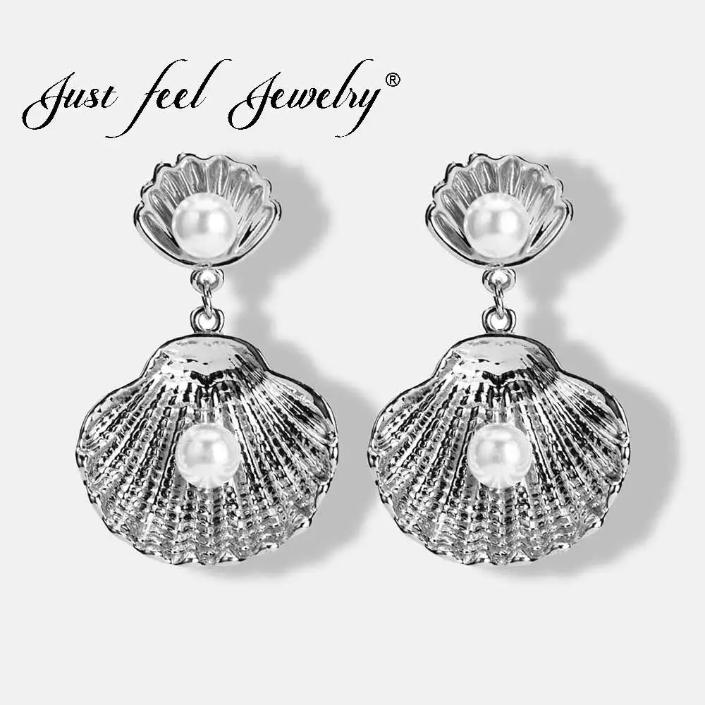 

JUST FEEL New Shell Dangle Drop Earring for women Imitation Pearls Gold Silver Colors Trendy Earrings Hot Party Wedding Jewelry