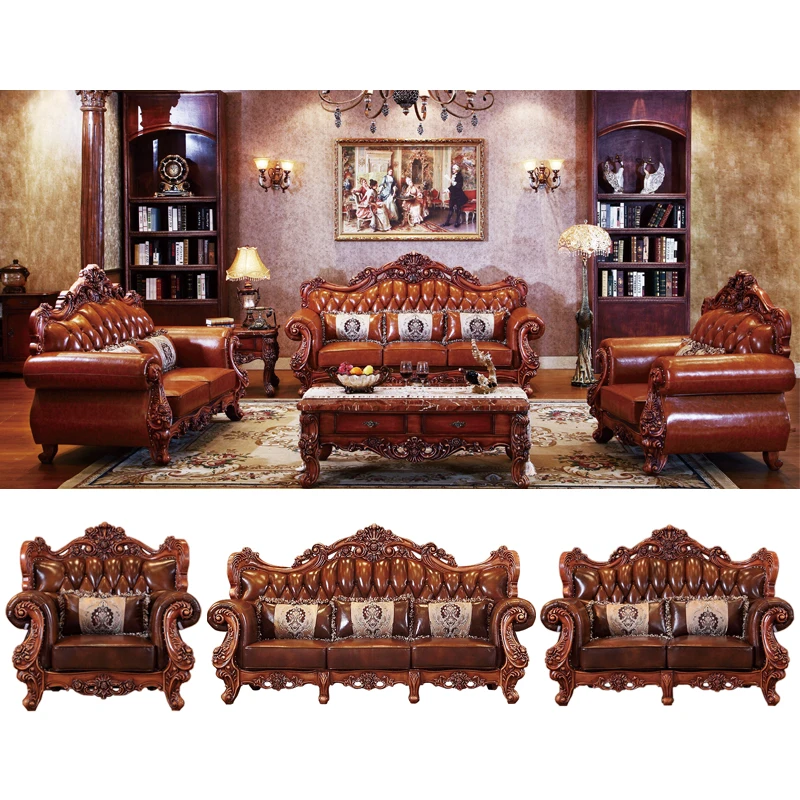 Hot classic European style solid wood leather sofa set living room furniture sillones puff asiento divano letto koltuk takimi