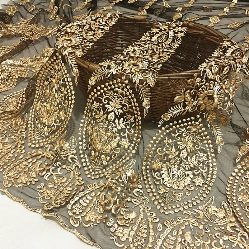 

New mesh lace gold three-dimensional embroidery fabric / high-end custom apparel fabric / encryption embroidery skirt cloth